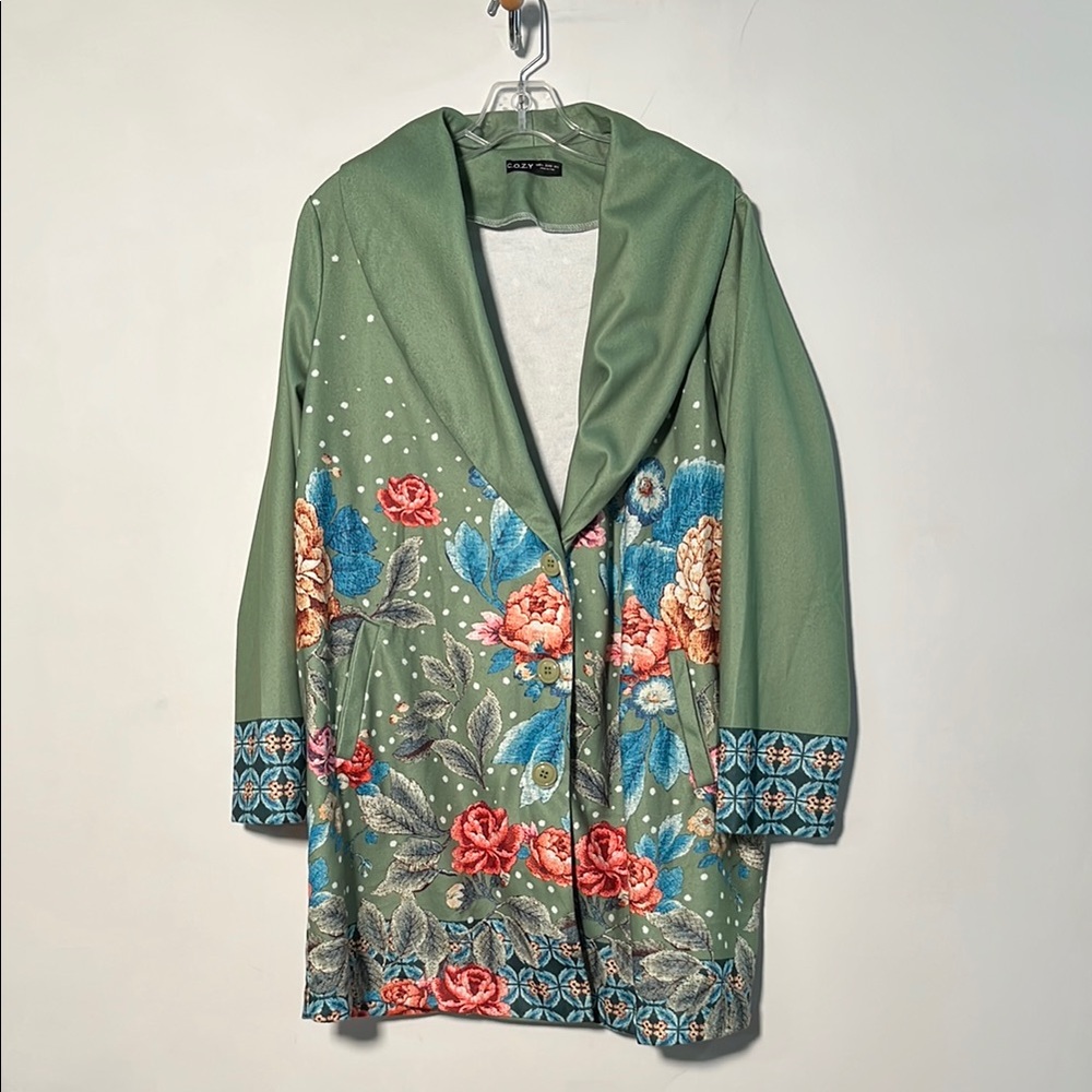 C.O.Z.Y. Artsy Romantic Spring Floral Print Shawl Collar 2 Pocket Green Jacket L